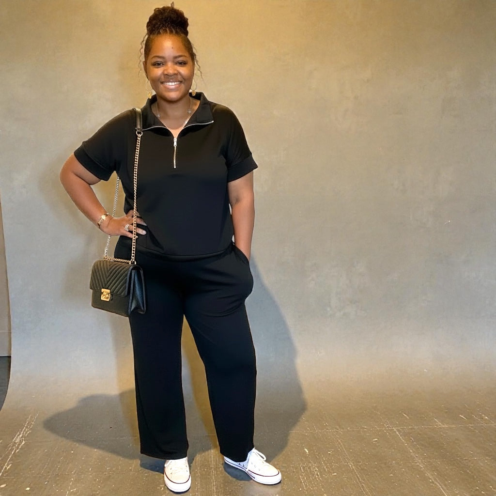 Plus SIze Scuba High Neck Half Zip Pant Set
